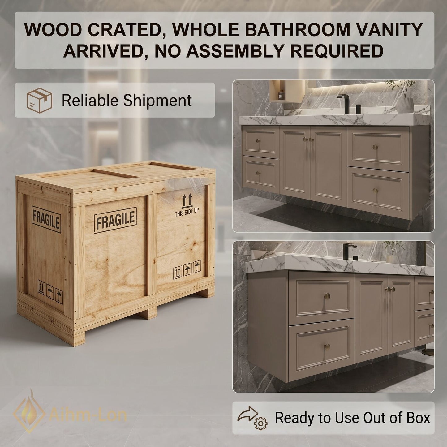 48''-64'' Modern Bathroom Vanity with Sink Floating Beige Marble Vertical Mirror Shelving