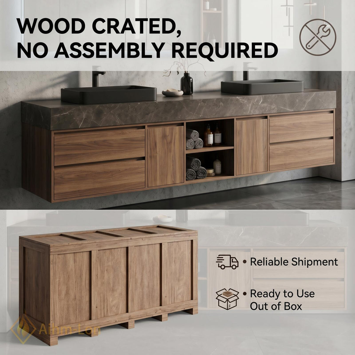 76''-96'' Bathroom Vanity with Sink Floating Double Warm Wood Finish Open Shelving