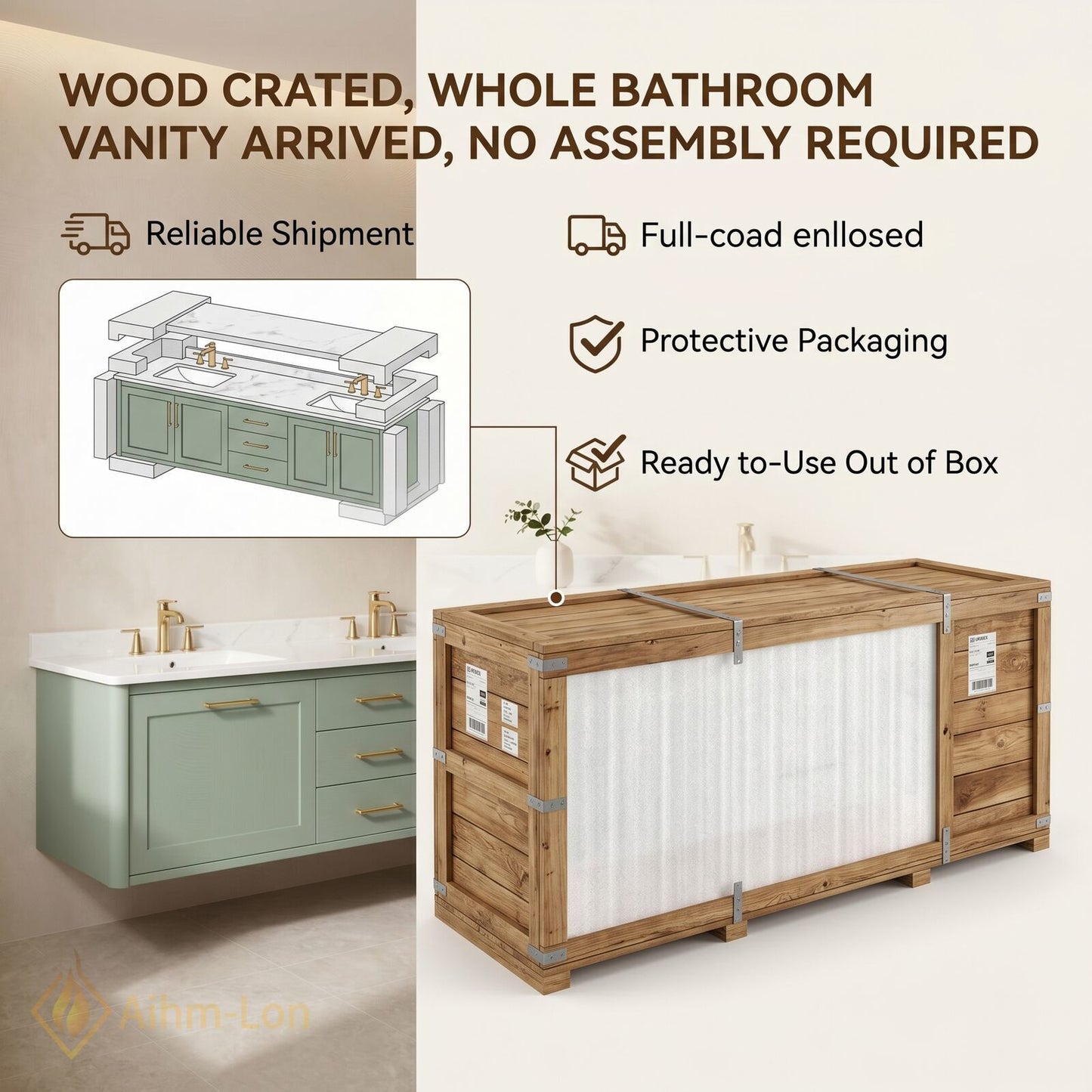 60''-96'' Modern Bathroom Vanity with Sink Floating Sage Green Shaker Triple Drawers