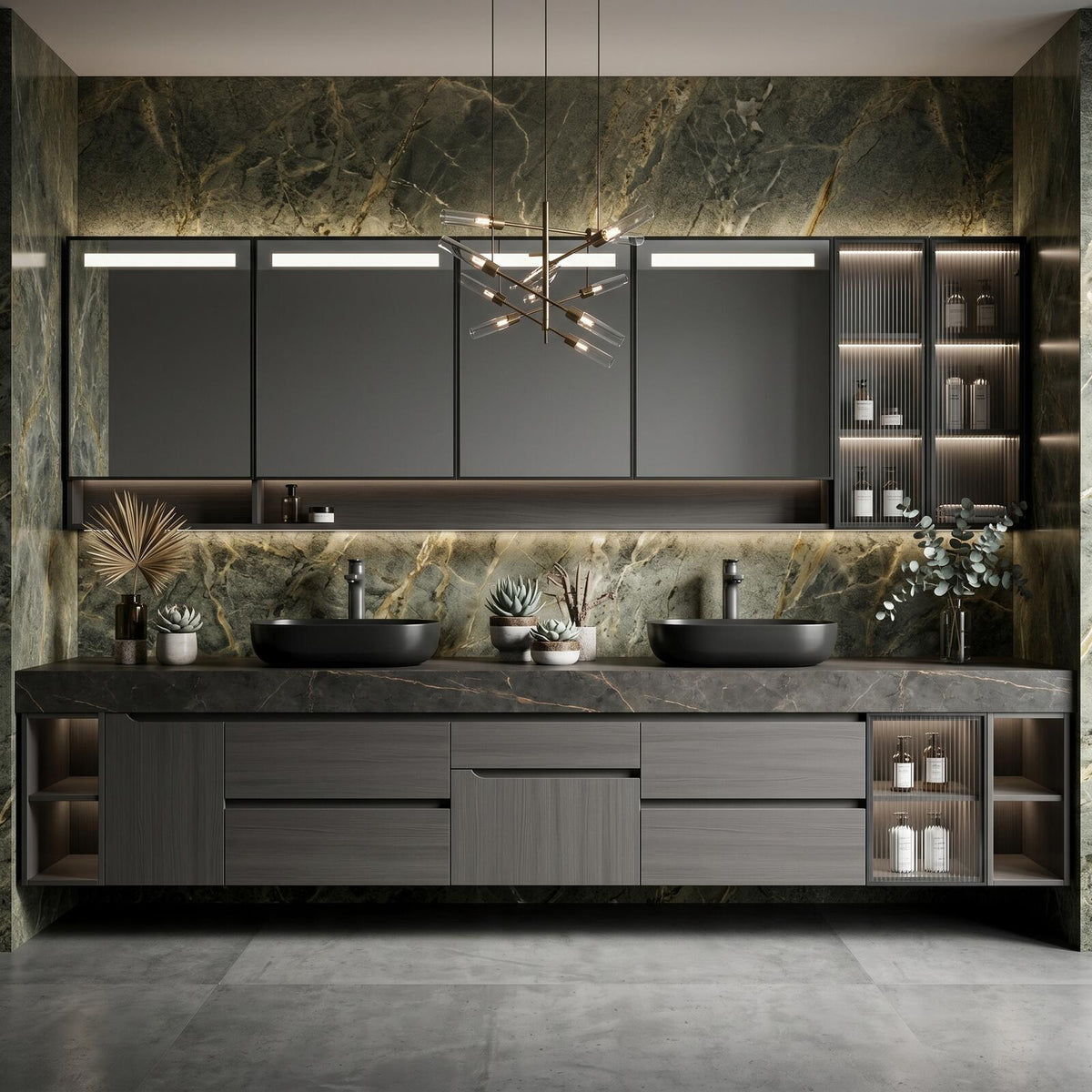 60''-96'' Double Bathroom Vanity with Sink Modern Floating Dark Grey Finish Textured Marble
