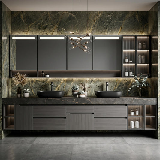 60''-96'' Double Bathroom Vanity with Sink Modern Floating Dark Grey Finish Textured Marble