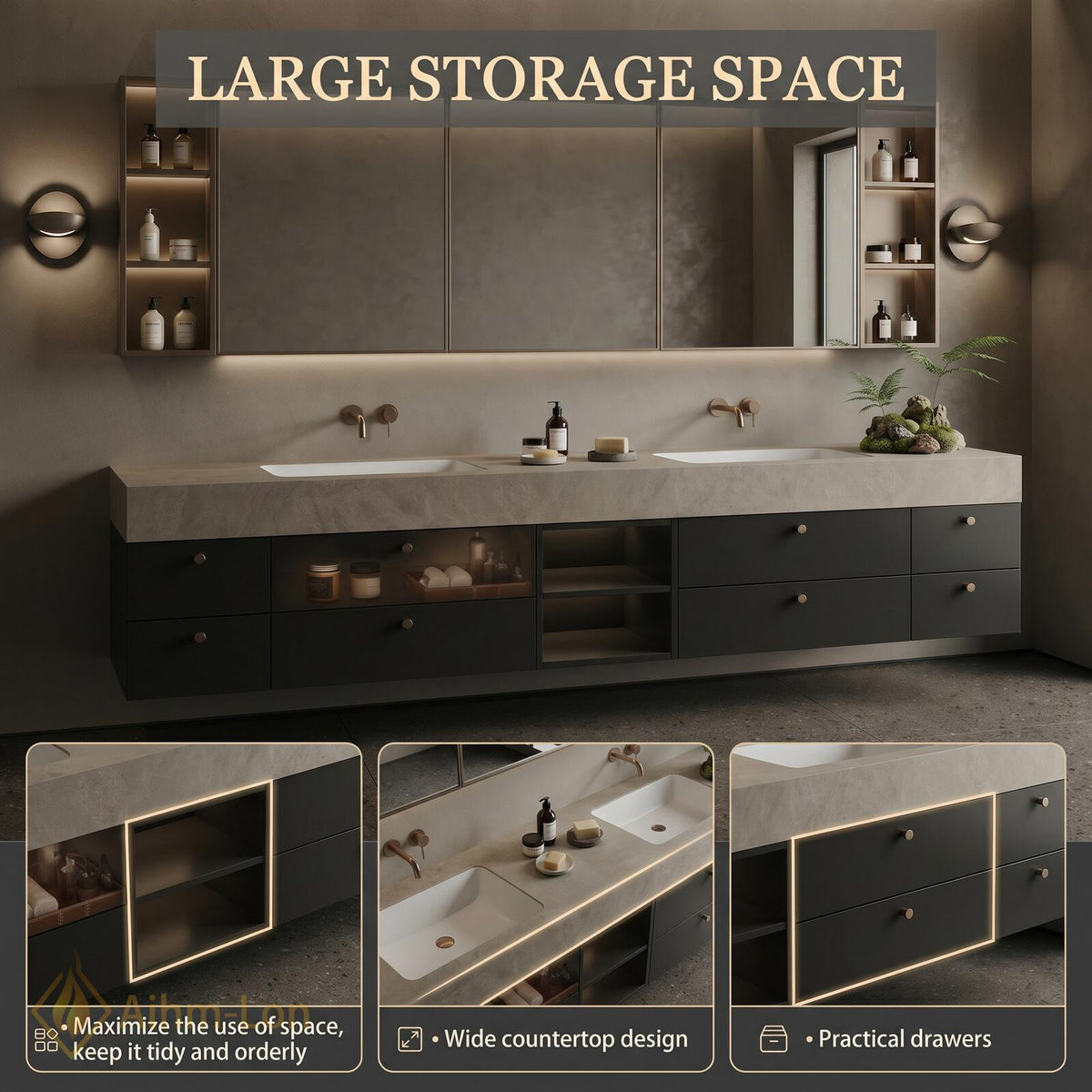 78''-96'' Bathroom Vanity with Sink Floating Vanity Concrete Wall Mounted Minimalist Matte