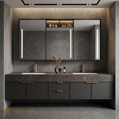 60''-96'' Double Bathroom Vanity with Sink Sleek Dark Slate Textured Stone Top