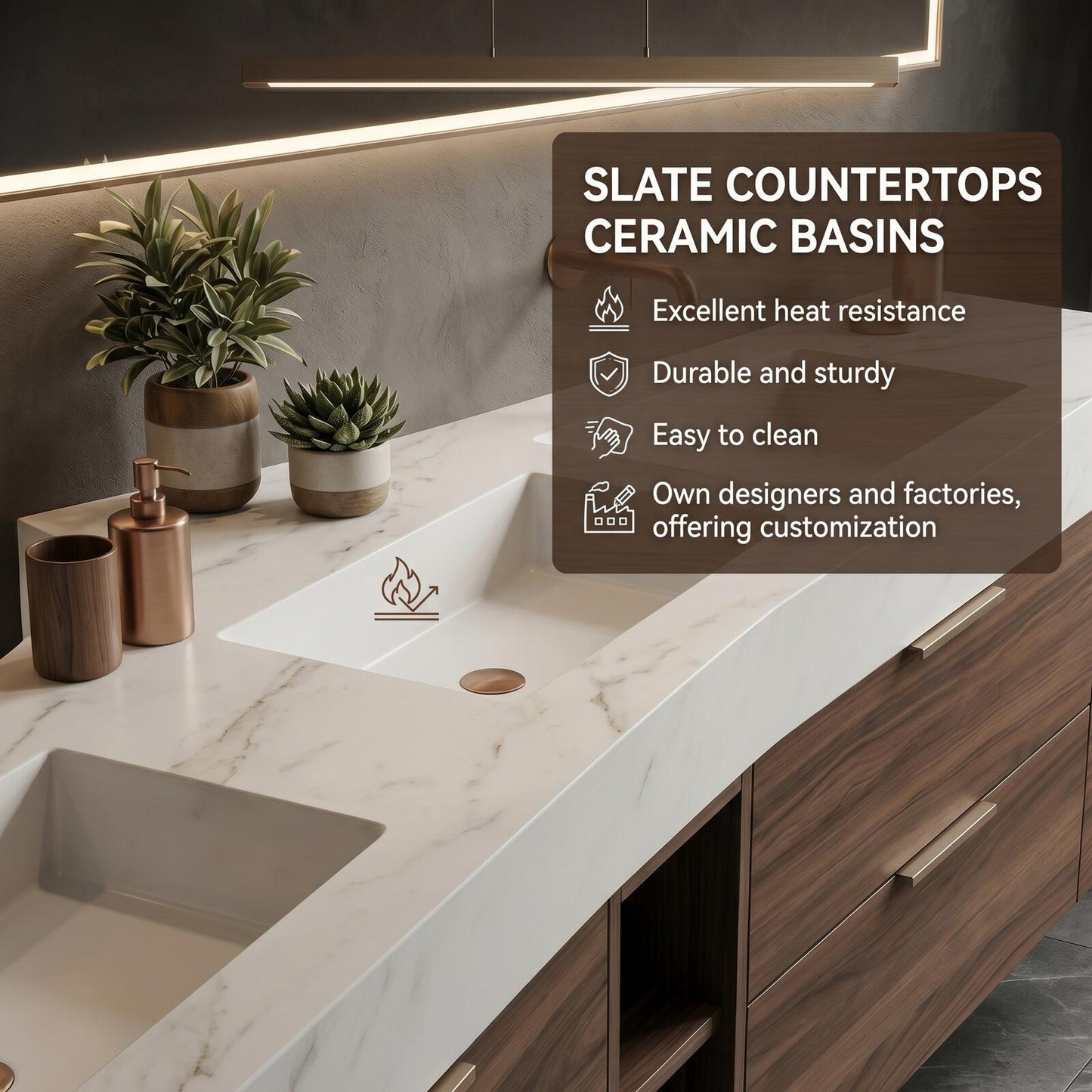 60''-96'' Modern Bathroom Vanity with Sink Double Sink Dark Walnut Slatted Center Panel Cabinet