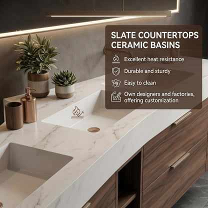 60''-96'' Modern Bathroom Vanity with Sink Double Sink Dark Walnut Slatted Center Panel Cabinet