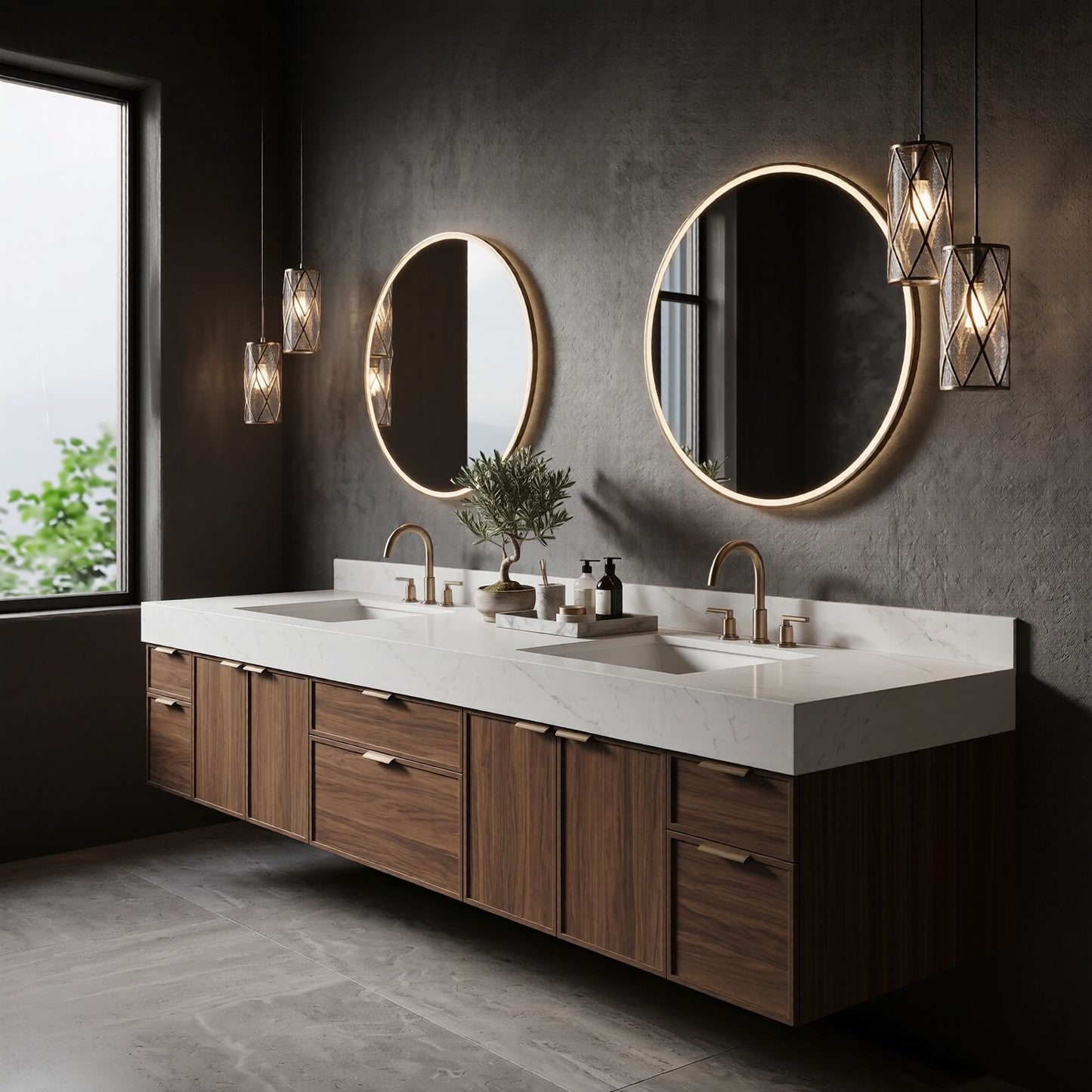 70''-96'' Modern Bathroom Vanity with Sink Double Sink Walnut Wood Marble Floating Cabinet