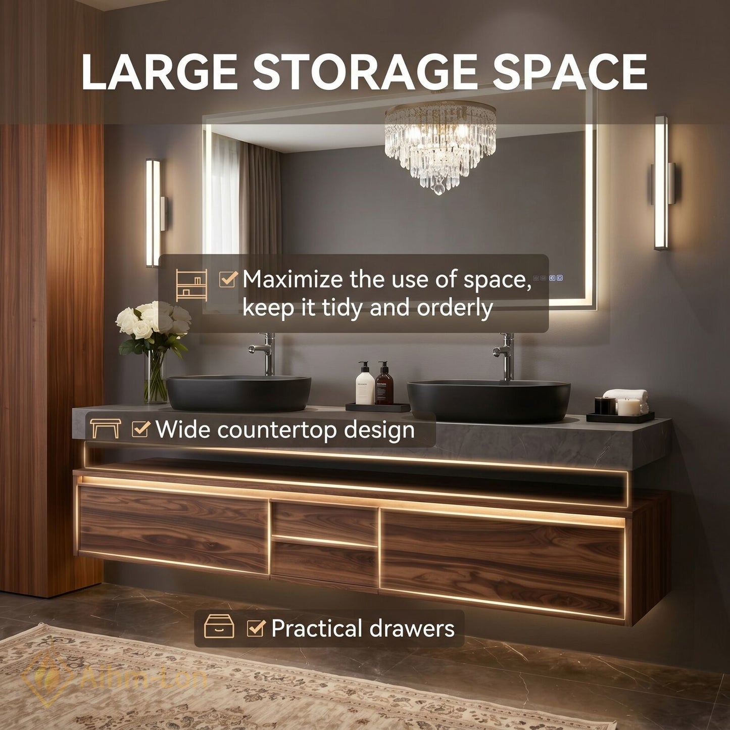 60''-96'' Double Bathroom Vanity with Sink Floating Cabinet Walnut Finish LED Mirror Spacious