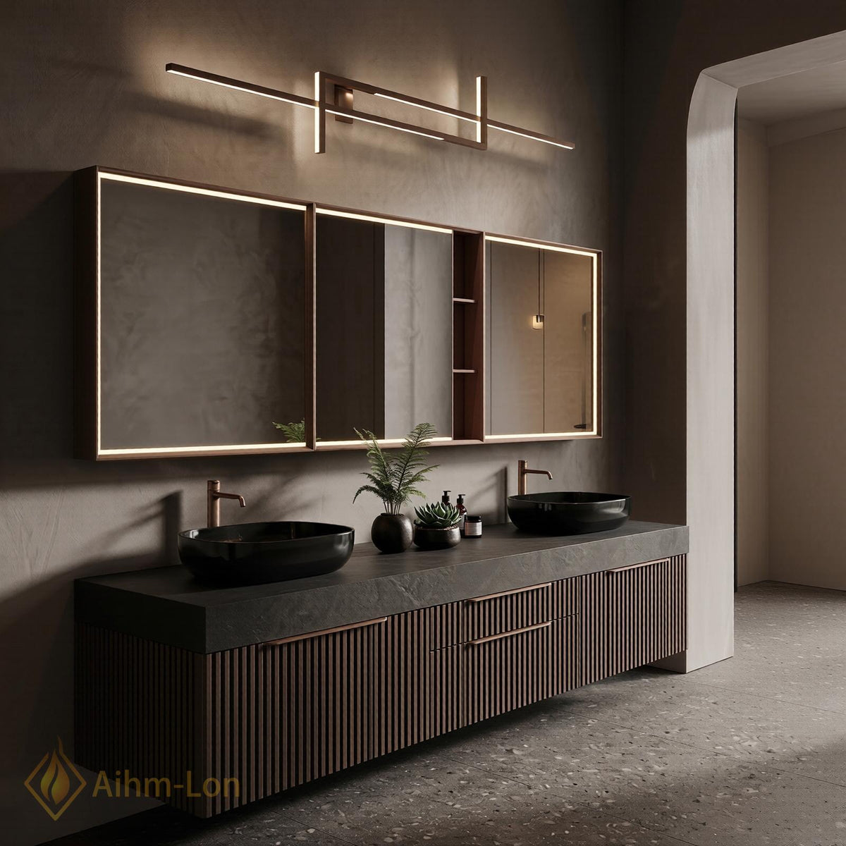 60''-96'' Double Bathroom Vanity with Sink Ribbed Wood Panels Marble Top Shelving