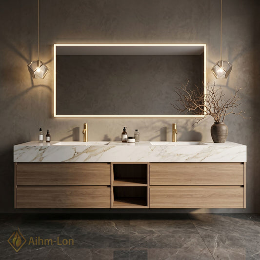 60''-96'' Double Bathroom Vanity with Sink Floating Storage Drawers Sets Large Marble