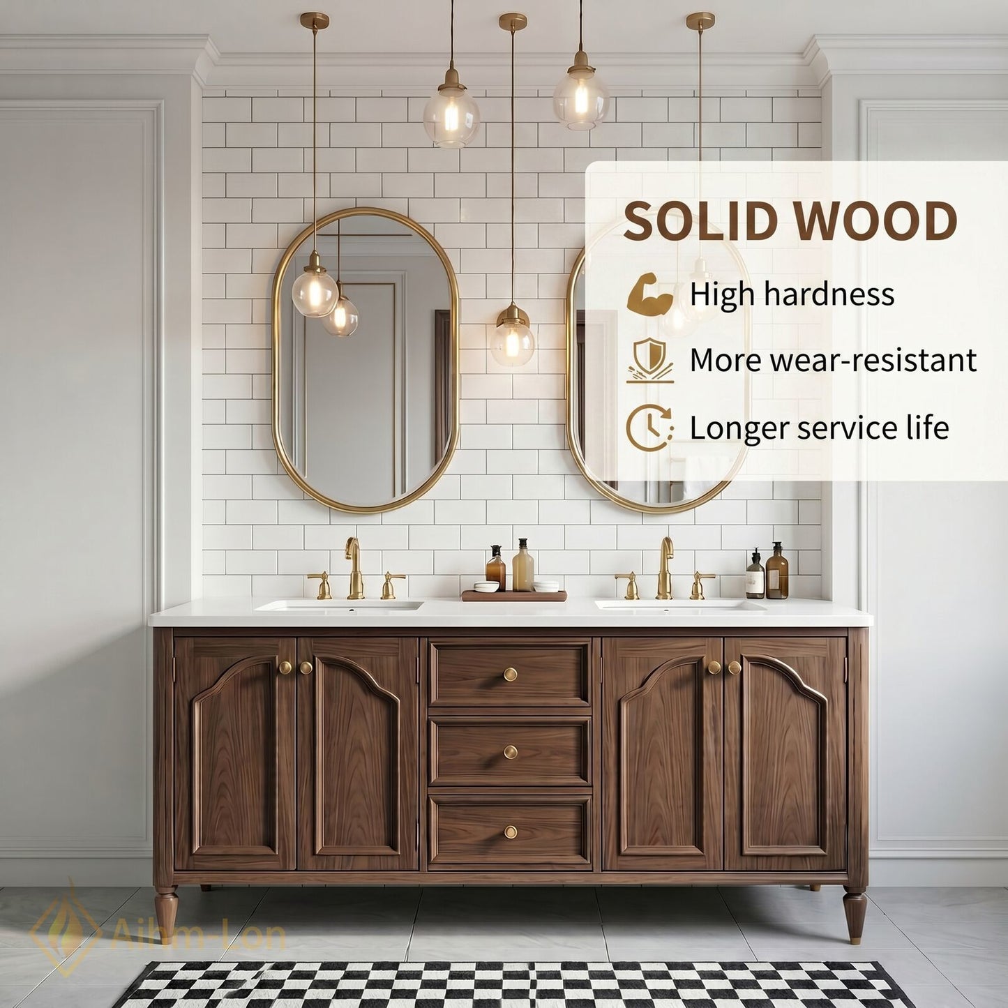 70''-96'' Double Bathroom Vanity with Sink Arched Panel Doors Solid Wood Central Drawer
