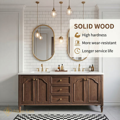 70''-96'' Double Bathroom Vanity with Sink Arched Panel Doors Solid Wood Central Drawer