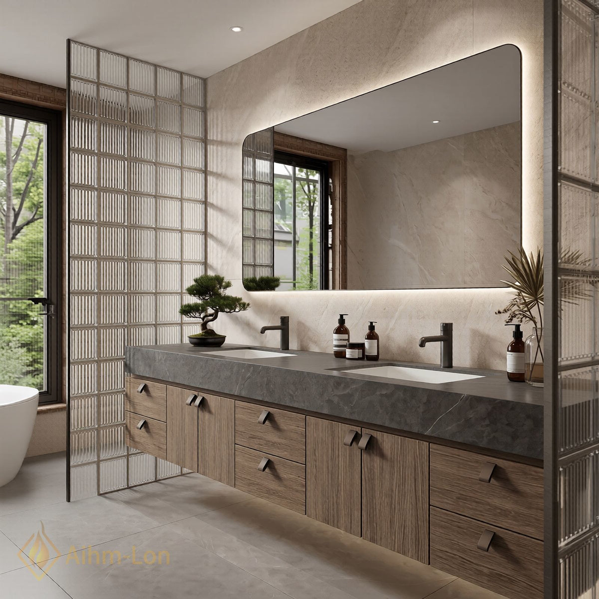 72''-96'' Double Bathroom Vanity with Sink Natural Wood Grain Wide Countertop Storage