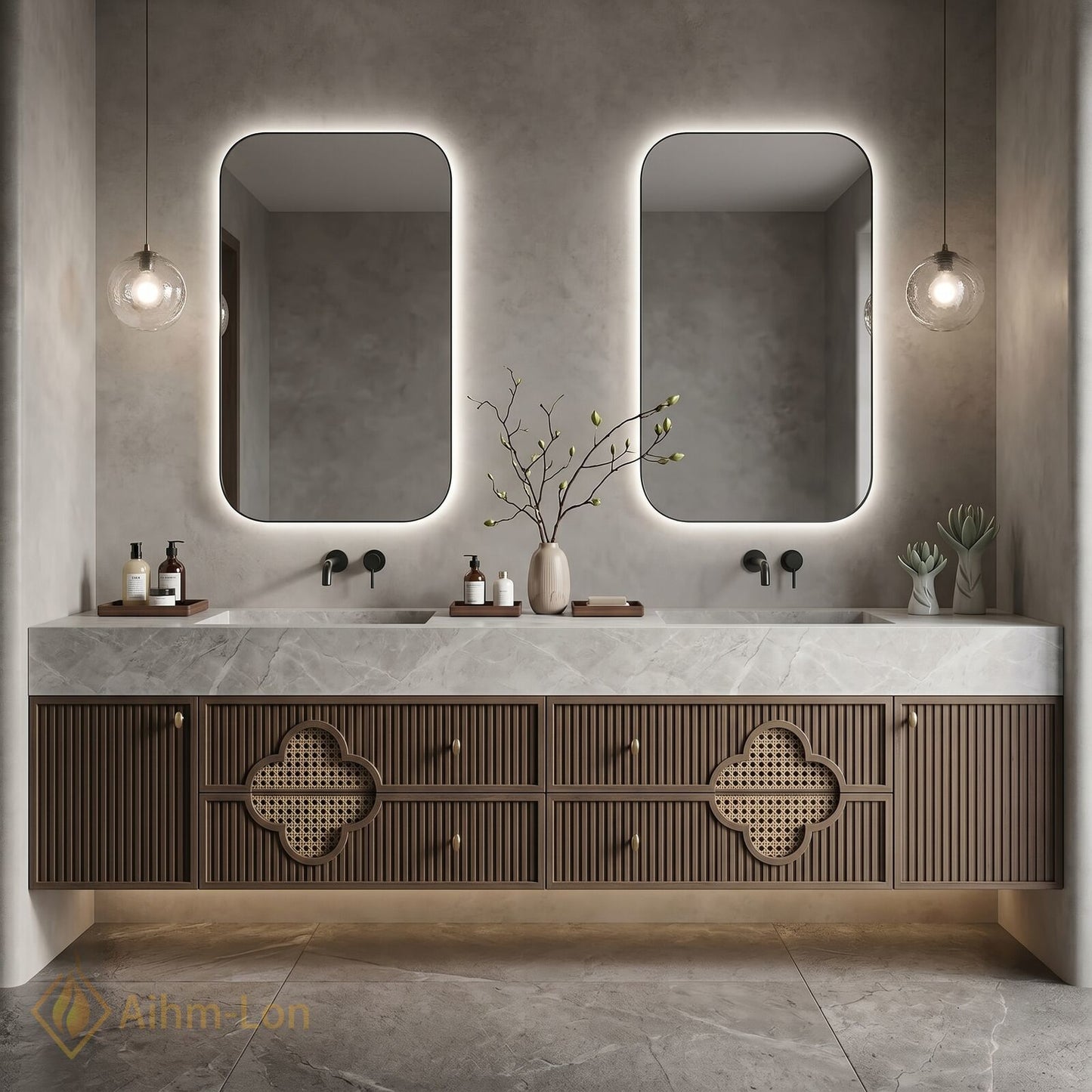 60''-96'' Double Bathroom Vanity with Sink Floating Recessed Panel Doors Natural Woven