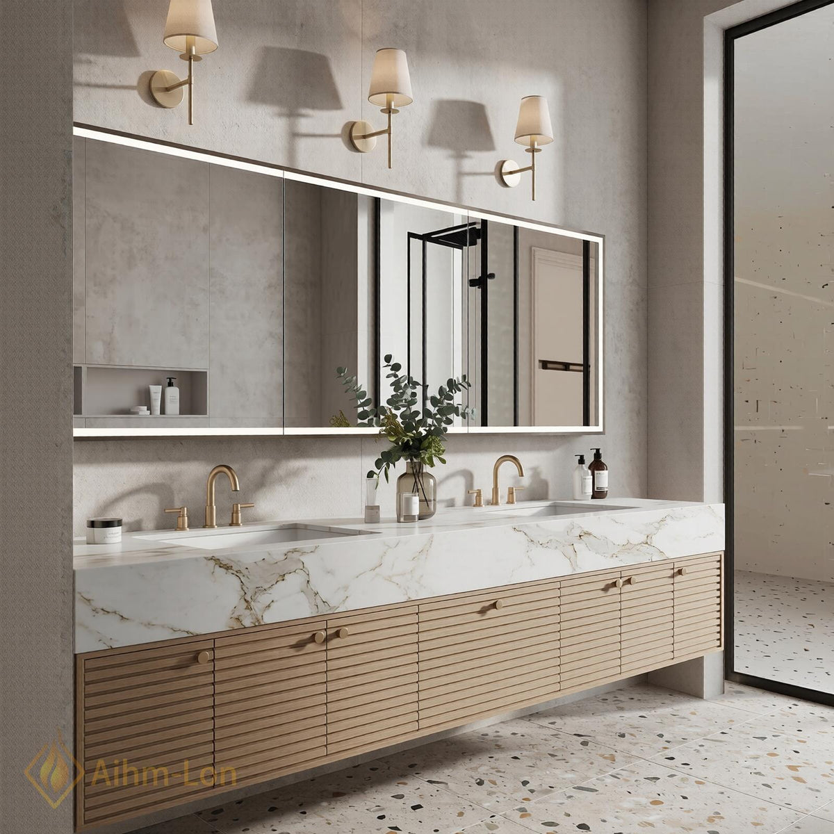 60''-96'' Double Bathroom Vanity with Sink Modern Floating Light Wood Veneer Slatted