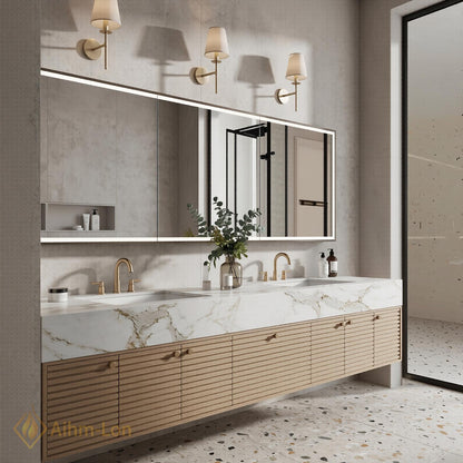 60''-96'' Double Bathroom Vanity with Sink Modern Floating Light Wood Veneer Slatted