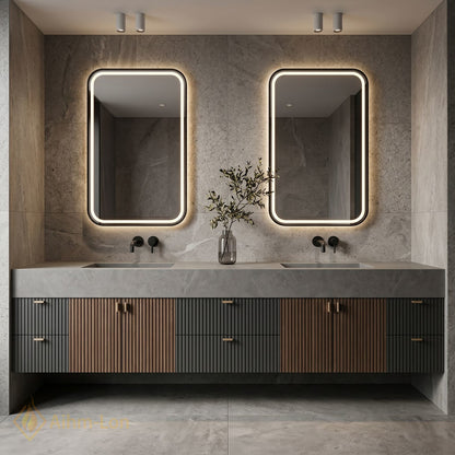 76''-96'' Double Bathroom Vanity with Sink Modern Wood-Grain Slatted Illuminated Anti Fog