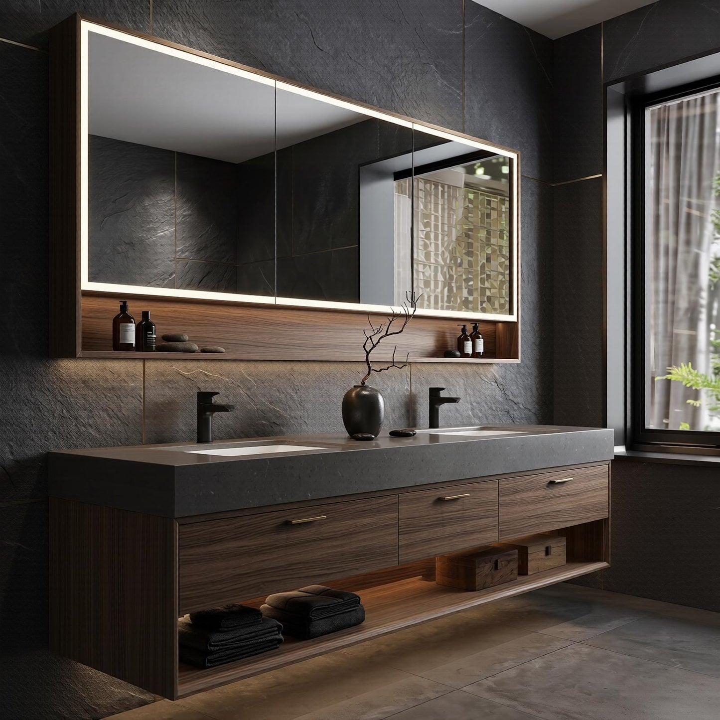 60''-96'' Modern Bathroom Vanity with Sink Double Sink Dark Walnut Open Shelf Storage Cabinet