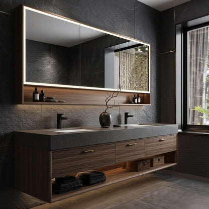 60''-96'' Modern Bathroom Vanity with Sink Double Sink Dark Walnut Open Shelf Storage Cabinet