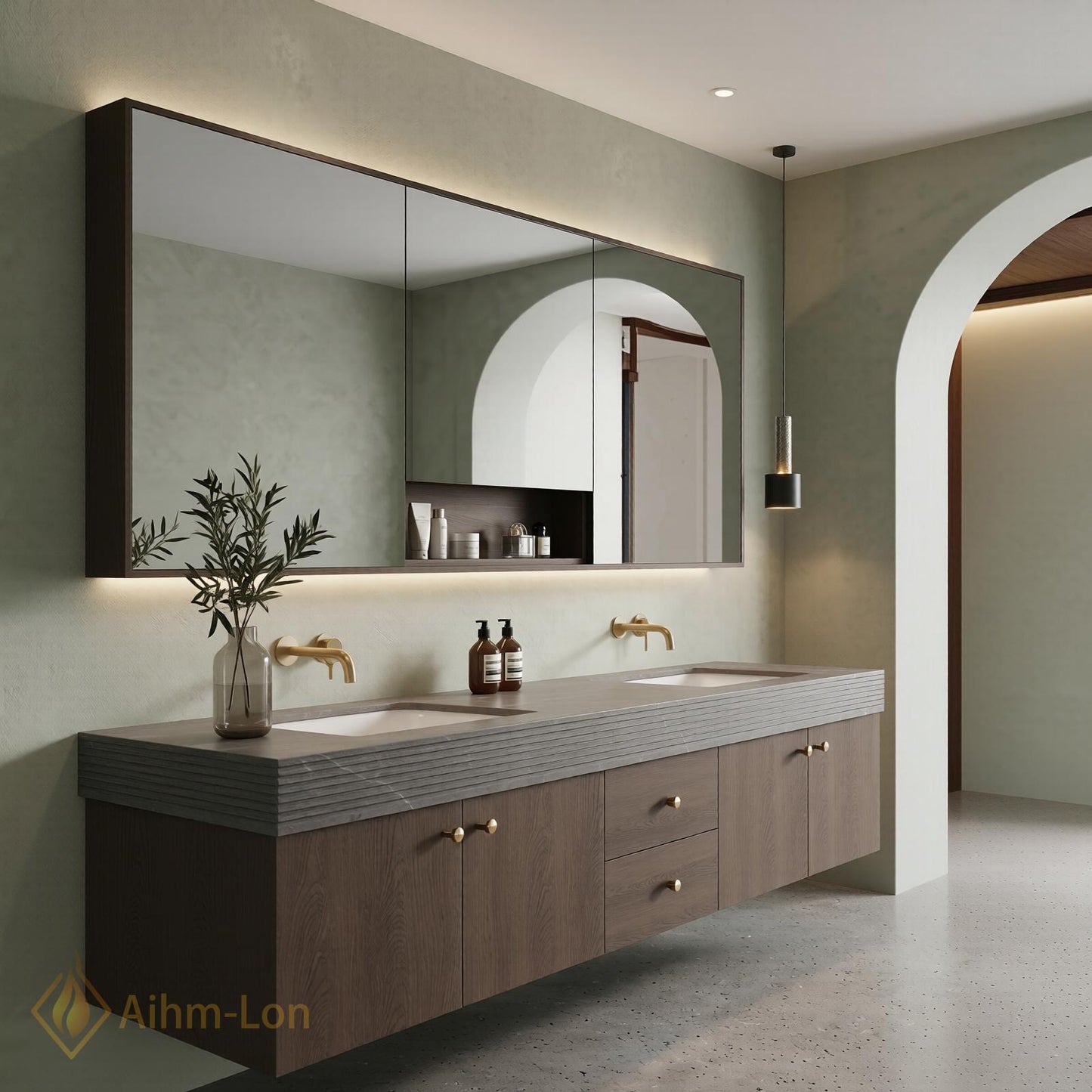 60''-96'' Modern Double Floating Bathroom Vanity with Sink Dark Walnut Slatted Panel