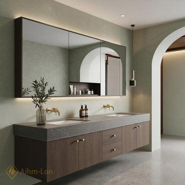 60''-96'' Modern Double Floating Bathroom Vanity with Sink Dark Walnut Slatted Panel