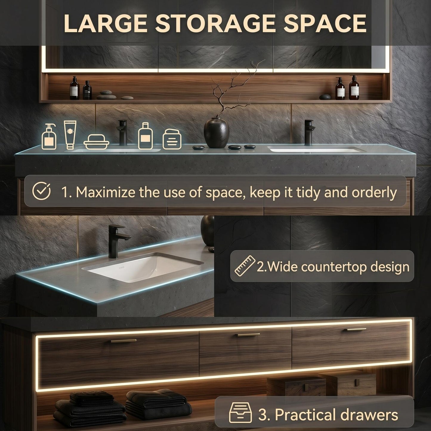 60''-96'' Modern Bathroom Vanity with Sink Double Sink Dark Walnut Open Shelf Storage Cabinet