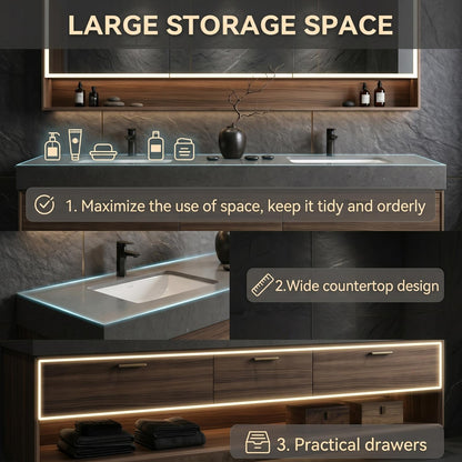60''-96'' Modern Bathroom Vanity with Sink Double Sink Dark Walnut Open Shelf Storage Cabinet