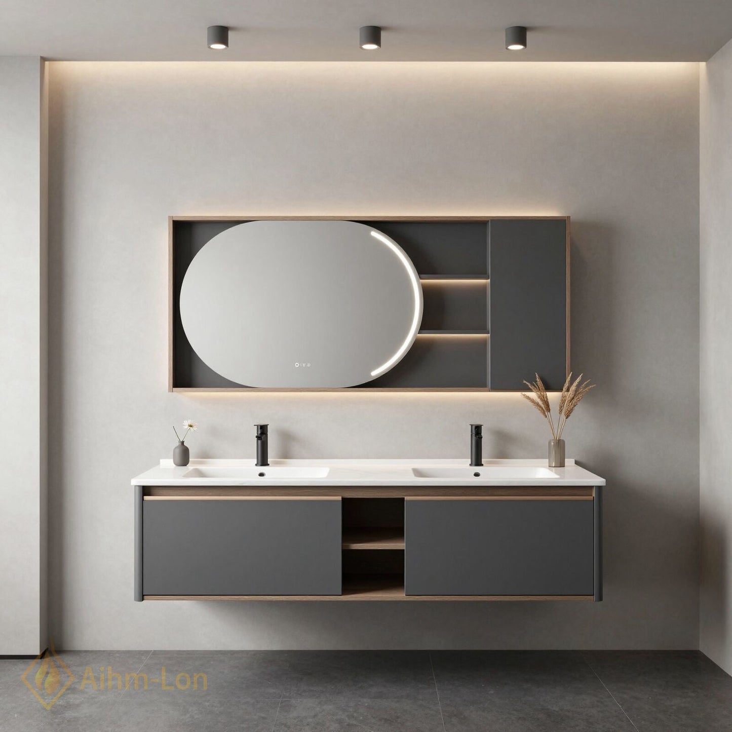 60''-96'' Floating Bathroom Vanity with Sink Dual Integrated Basins Grey Doors Oval Mirror Cabinet