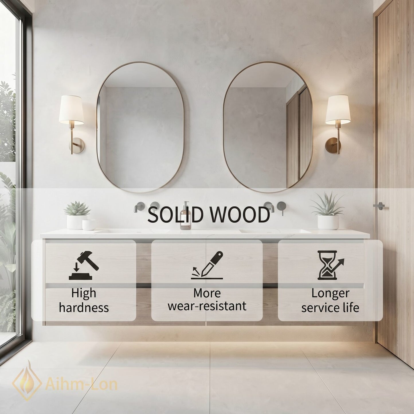 60''-96'' Modern Bathroom Vanity with Sink Floating Natural Wood-Grain Stone Drawers