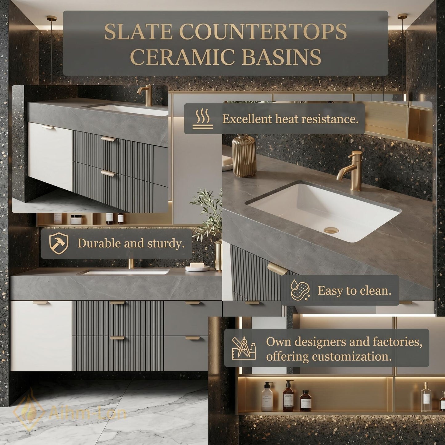 78''-96'' Double Bathroom Vanity with Sink Charcoal Modern Floating Stone Drawer Mirror