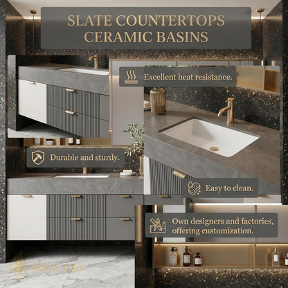 78''-96'' Double Bathroom Vanity with Sink Charcoal Modern Floating Stone Drawer Mirror