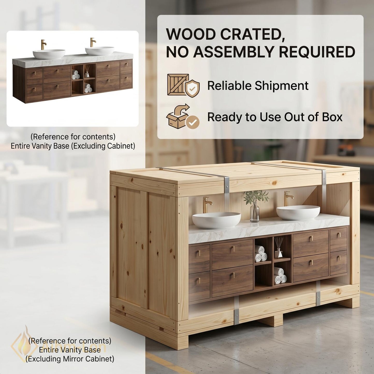 70''-96'' Bathroom Vanity with Sink Modern Floating Marble Top Warm Walnut Finish