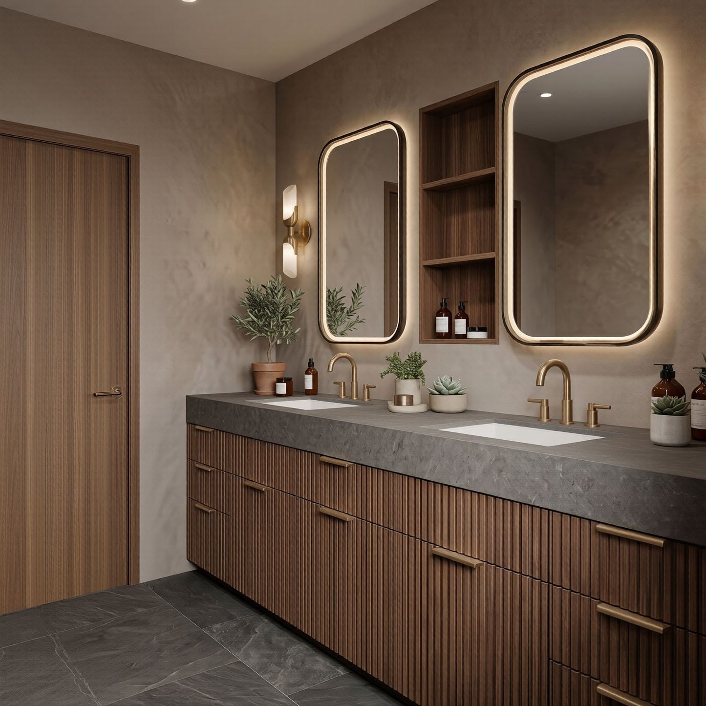72''-96'' Modern Bathroom Vanity with Sink Dark Stone Wood Slatted Doors Shelf Cabinet