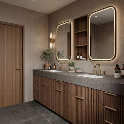 72''-96'' Modern Bathroom Vanity with Sink Dark Stone Wood Slatted Doors Shelf Cabinet