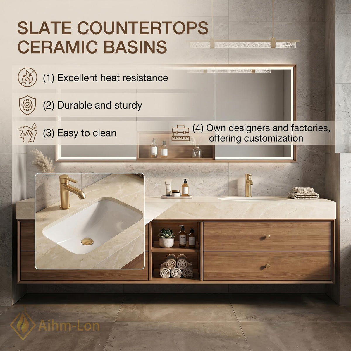 60''-96'' Double Bathroom Vanity with Sink Wall-Mounted Natural Wood Grain Finish Shelving