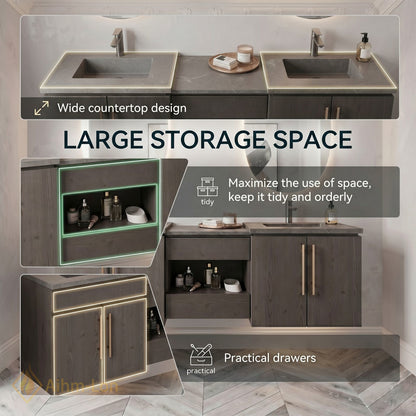 60''-96'' Modern Bathroom Vanity with Sink Wood Grain Oval Mirrors Open Center Storage