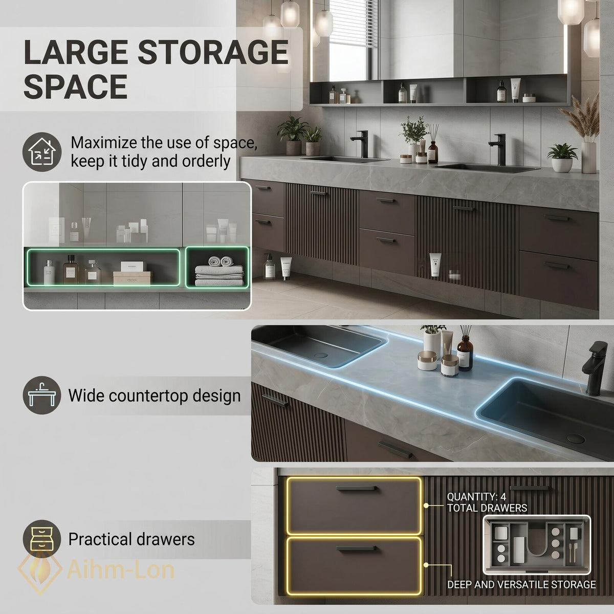 60''-96'' Double Bathroom Vanity with Sink Fluted Panels Charcoal Grey Finish