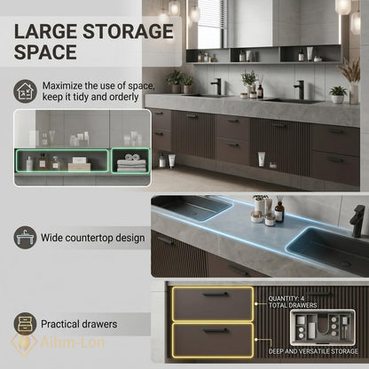 60''-96'' Double Bathroom Vanity with Sink Fluted Panels Charcoal Grey Finish