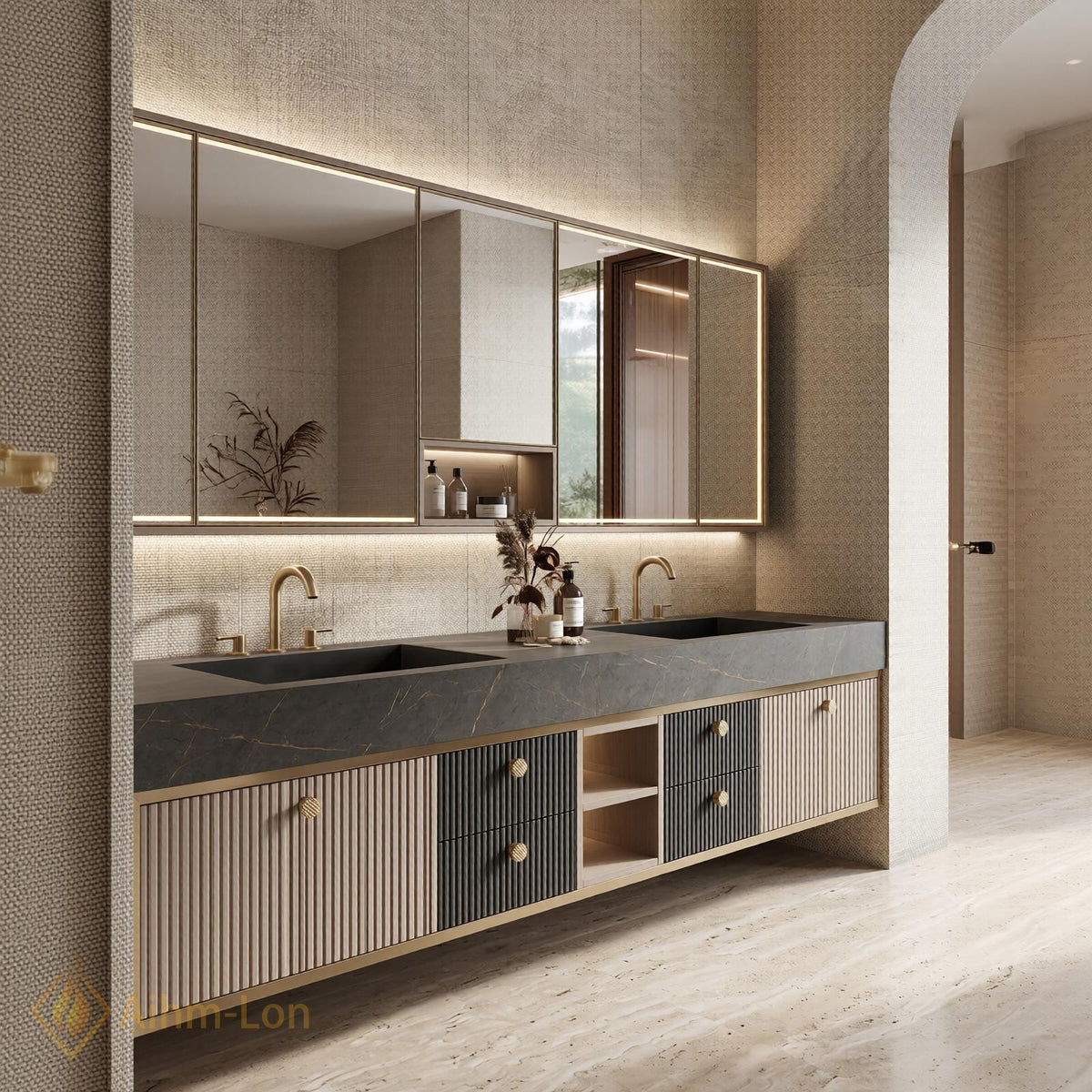 60''-96'' Double Bathroom Vanity with Sink Floating Slatted Doors Central Open Shelving