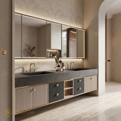 60''-96'' Double Bathroom Vanity with Sink Floating Slatted Doors Central Open Shelving
