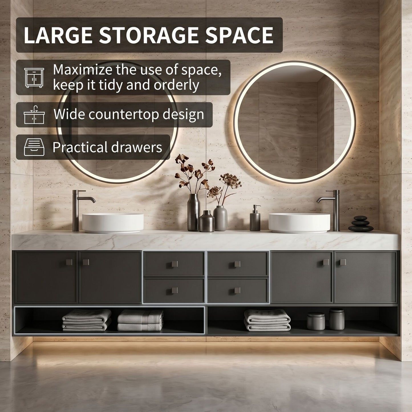 70''-96'' Double Bathroom Vanity with Sink Marble Top Open Shelved Base Spacious Cabinet