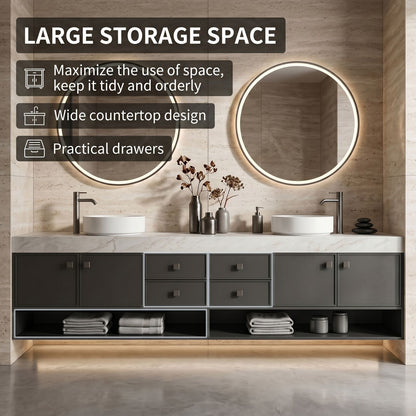 70''-96'' Double Bathroom Vanity with Sink Marble Top Open Shelved Base Spacious Cabinet