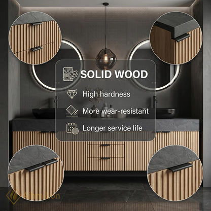 60''-96'' Double Bathroom Vanity with Sink Natural-Wood Modern Slatted-Panel Grain