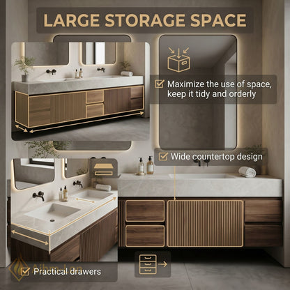 76''-96'' Double Bathroom Vanity with Sink Dark Walnut Finish Slatted Front Design