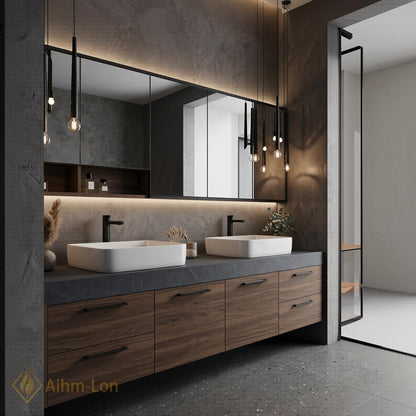 60''-96'' Double Bathroom Vanity with Sink Floating Dark Stone Top Warm Wood