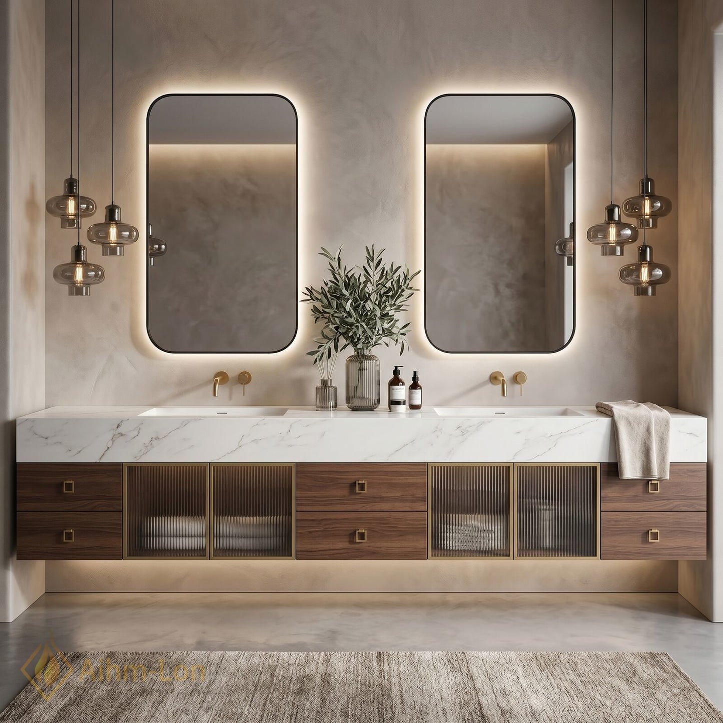 70''-96'' Double Bathroom Vanity with Sink Floating Solid-Wood Mirror-Cabinet Glass Doors Base