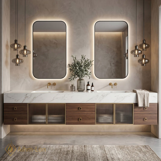 70''-96'' Double Bathroom Vanity with Sink Floating Solid-Wood Mirror-Cabinet Glass Doors Base
