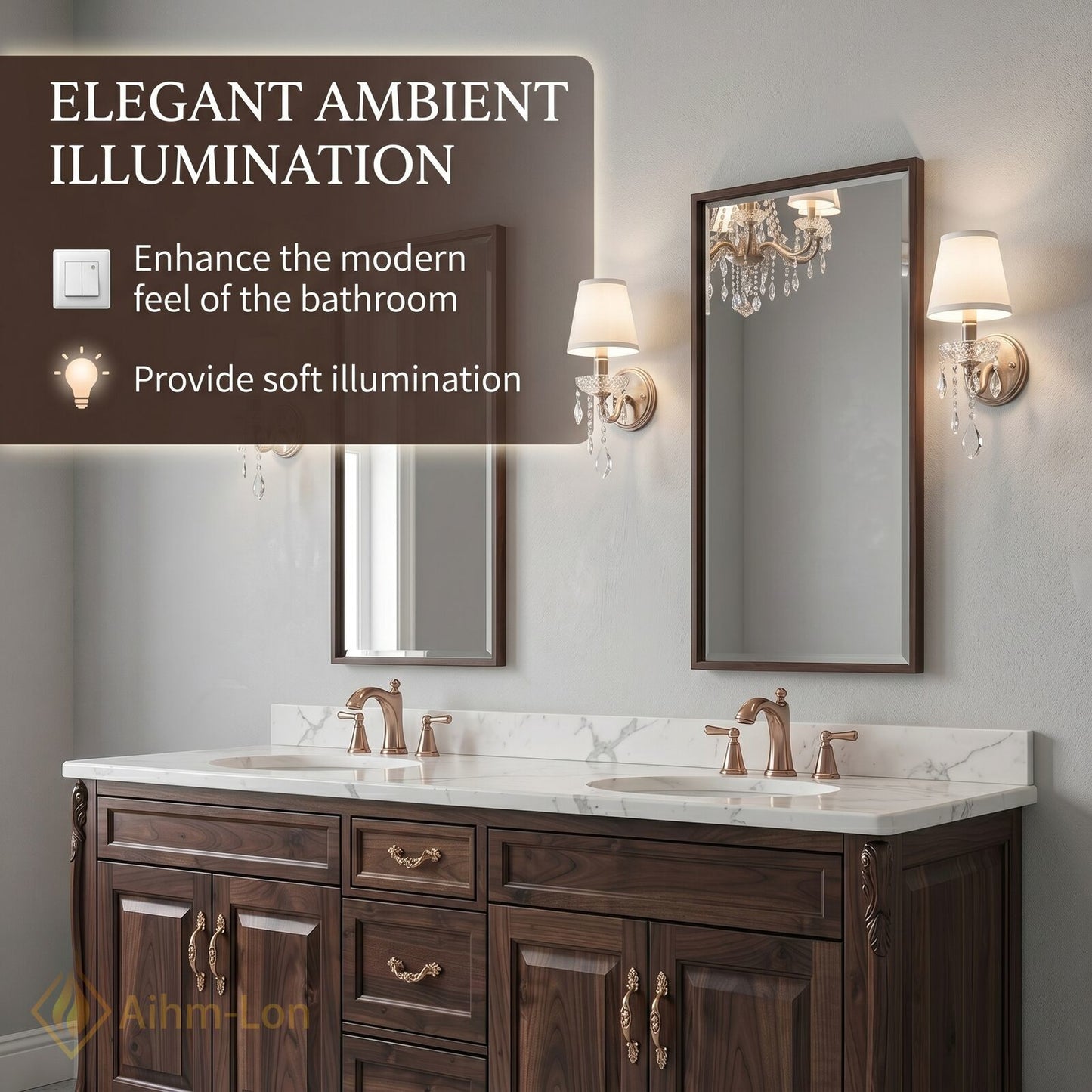 60''-96'' Classic Bathroom Vanity with Sink Dark Wood Carved Marble Brass Drawers