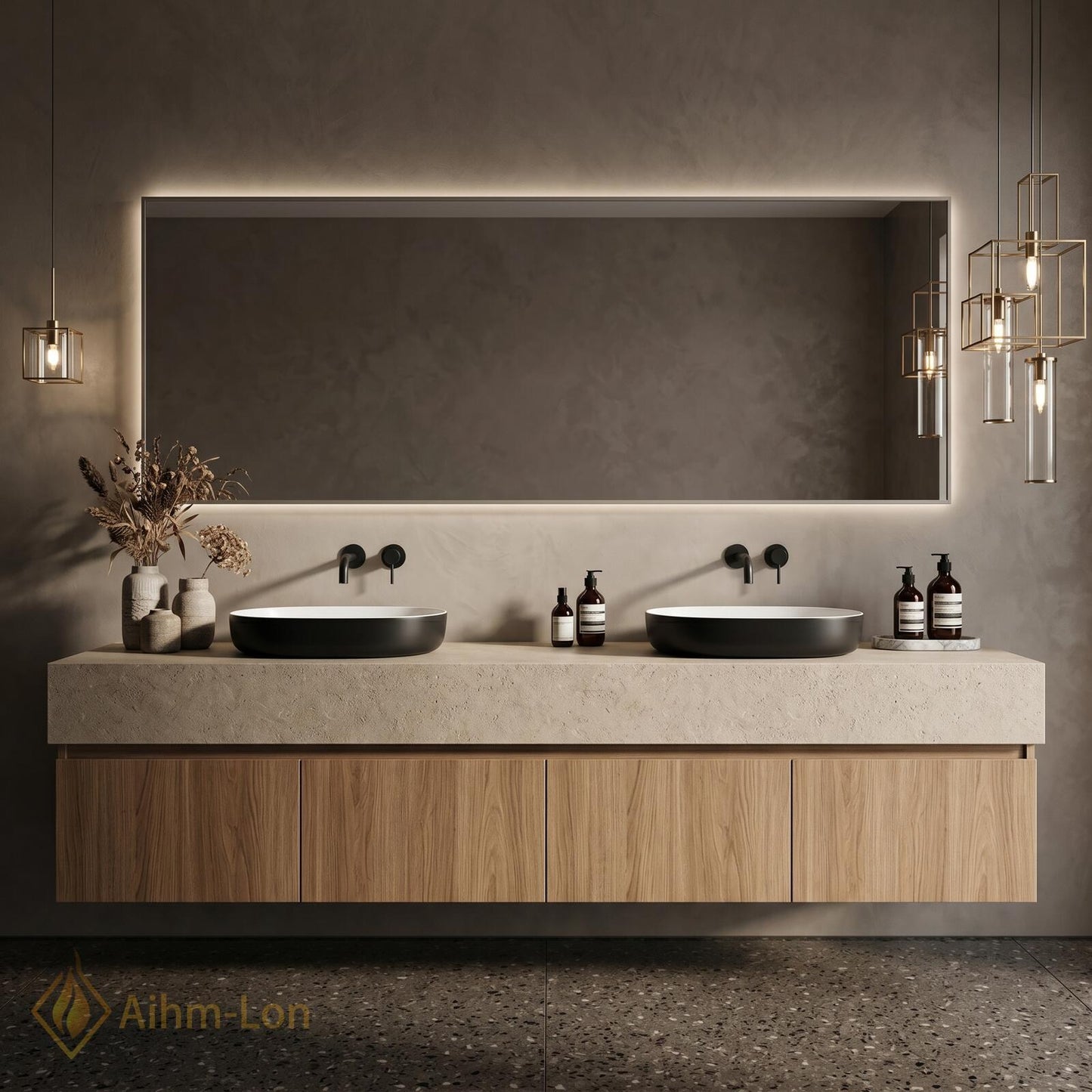 60''-96'' Double Bathroom Vanity with Sink Light-Oak Modern Floating Two Vessel