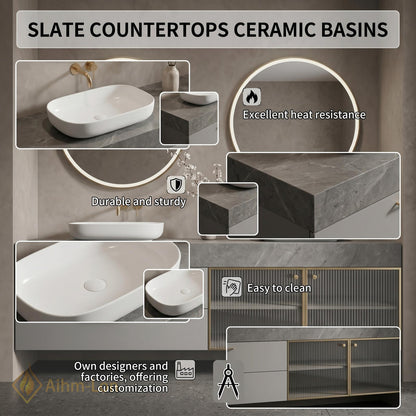 60''-96'' Double Bathroom Vanity with Sink Modern Glass Doors Drawers Countertop Dual