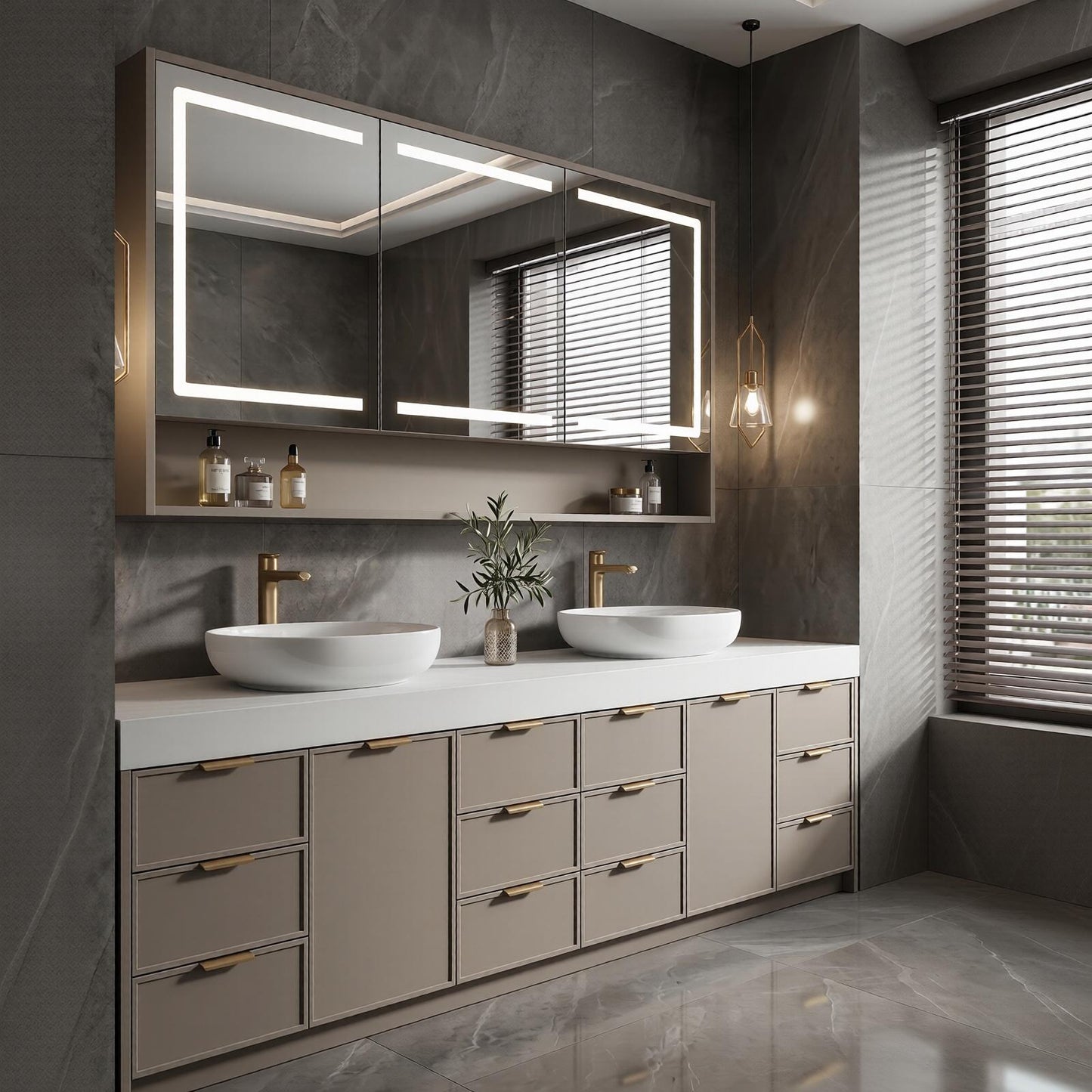 78''-96'' Modern Bathroom Vanity with Sink Double Sink Grey Matte Gold Hardware Cabinet